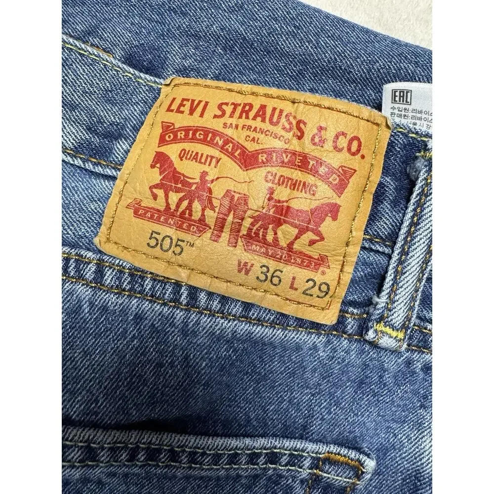 Levis 505 Mens Jeans 36x29 Regular Fit Straight Leg Blue Denim Raw Hem